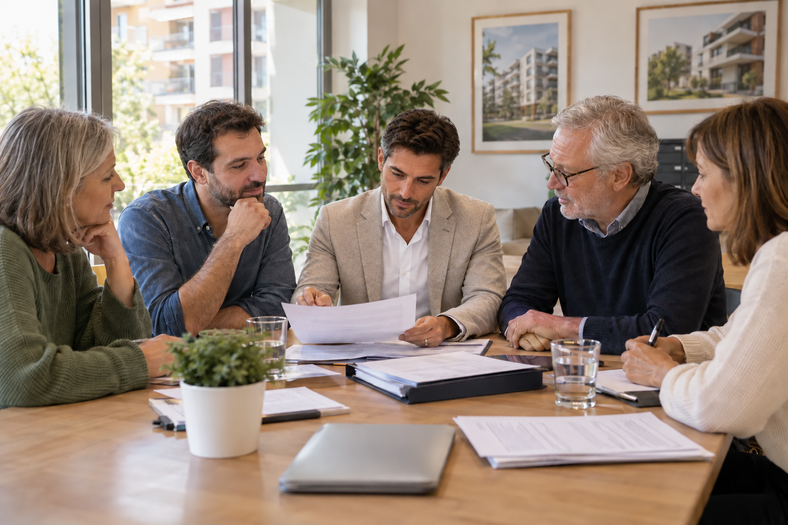 Reunión de vecinos revisando documentos de la comunidad